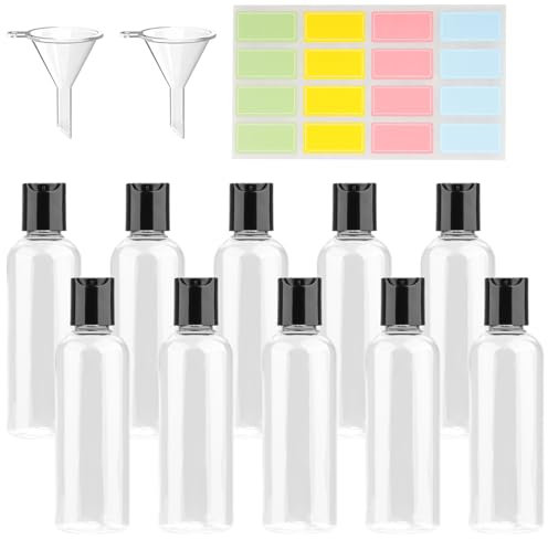 rietegio 10PCS 100ml Plastic Bottles Clear Mini Travel Containers with 2 Funnels and Colorful Labels Squeezable Refillable Travel Bottles for Toiletries Shampoo Lotions Cosmetics