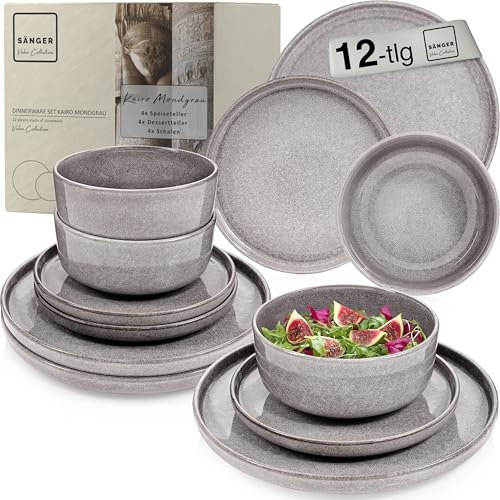 SÄNGER Kairo Mondgrau | Tafelservice 12 tlg, Steingut Geschirr Set 4 Personen, 4x Speiseteller 4x Dessertteller 4x Schalen Geschirrset & Schale Dunkelgrau, Teller Set, Tiefe Teller | VALUE COLLECTION