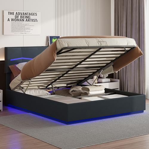 JOROBURO Polsterbett Doppelbett 160x200cm mit LED-Kopfteil, Jugendbett Gepolsterte Boxspringbett Mit Hydraulischem Stauraum, Stauraumbett Funktionsbett Bettgestell, PU-Leder, Ohne Matratze, Schwarz