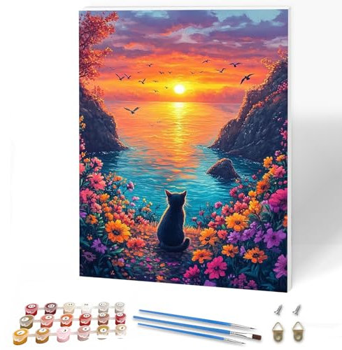 KEYIFA Gato Flores Pintar por Numeros Adultos con Marco, Paint by Number Kits con Pinceles, DIY Paisaje Pintura al óleo Colorear Lienzo Manualidades, Decoración del Hogar 30x40cm