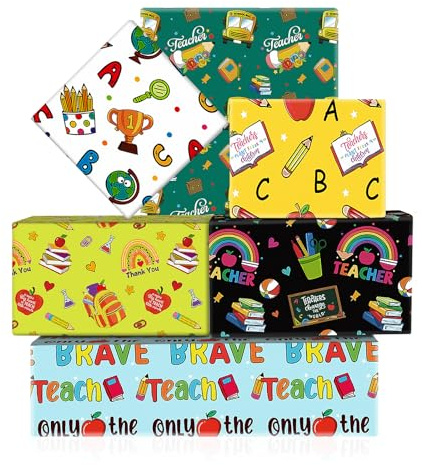 Geschenkpapier-Set für Lehrer, 6 Bögen, Dankeschön, Geschenkpapier, Bleistift, ABC, Apfel, Schulanfang, Geschenkpapier für Abschluss, Schulanfang, Lehrertag, 68 x 51 cm