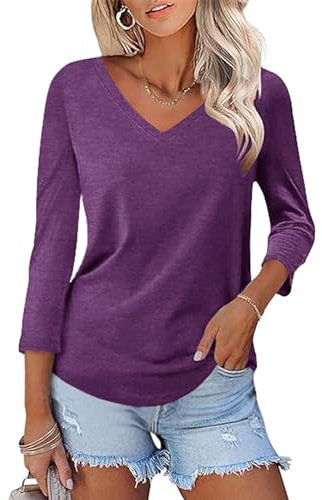 Rapbin Purple Tunic Tops for Women Solid Shirts 3/4 Long Sleeve Tunic Blouse V Neck Basic Casual T Shirts Summer 2025