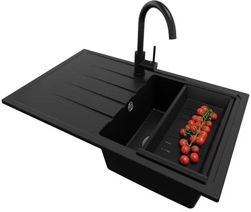 PRIMAGRAN Granitspüle Schwarz 78x50cm, Spülbecken 1 Becken + Ablauf-Set + Küchenarmatur 32x20cm, Küchenspüle ab 45er Unterschrank - Mailand