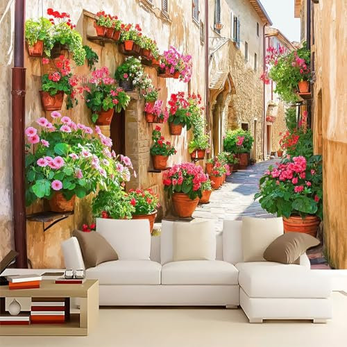 Générique Papier Peint Panoramique Fleurs des ruelles de la ville 350x256 cm Papier Peint Poster Mural 3D, Tapisserie Photo Peinture Murale Intissé Fresque pour Salon Chambre Toile Fond TV