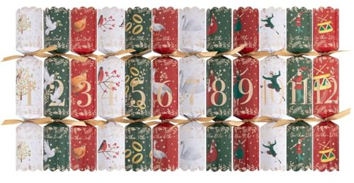 Harvey & Mason 12 Days of Christmas Crackers - 12 Festive Xmas Robin Holiday Dinner Table Decorations Red White Green Gold - Family Game Novelty Fun Prizes Gifts Contains Hats Jokes