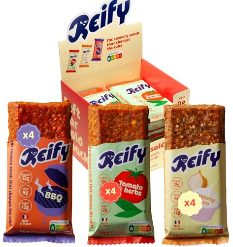 Reify Barre Protéinée Salée Vegan Sans Sucres Ajoutés (3 Saveurs Découverte) – Riche en Fibres 9g, 12g Protéines Végétales, 175kcal Par Barre – Sans Gluten, Nutriscore A – Snack Salé