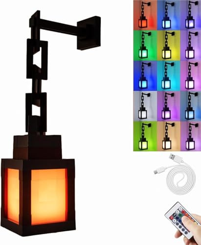 Pixelated Lantern Nachtlicht, 16-Farbiges Minecraft Wandlampe, Nachttischlampe Kinder 3D mit Fernbedienung und Kette, Minecraft Laterne für Schlafzimmer, Gaming, Kinderzimmer und Gamer Geschenk