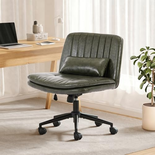 SAMERY Breiter Bürostuhl ohne Armlehnen, Doppellagiger Dicker Schreibtischstuhl Schneidersitz Stuhl mit Rollen, Höhenverstellbar Drehstuhl Computerstuhl Home Office Stuhl (Grün, Mit Rädern)