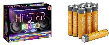 Hitster Bingo Musik-Brettspiel, 2-6 Spieler, DE, 16+, & AAA Alkaline-Batterien Amazon Basics 12 Stück, 10 Jahre