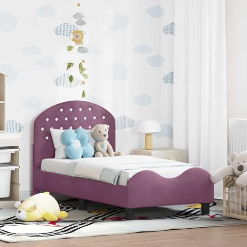 Hoopleep Kinderbettgestell mit Kopfteil, Lila Samt, 70 x 140 cm, Modernes Einzelbett für Kinder, Langlebiges Plattform Bett mit Stauraum Taschen, Holzwerkstoff Rahmen, Niedriges Design