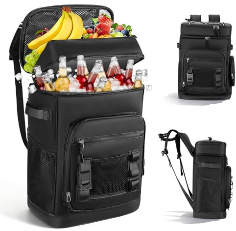 Großer Wasserdichter Kühlrucksack 48 Dosen Fassungsvermögen - Isolierter Camping Rucksack mit Tragbaren Gurten - Auslaufsicher Kühltasche für Strand Picknick Wandern 30L, Schwarz
