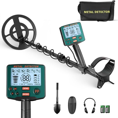 Metalldetektor Profi mit 2 Akkus, 5 Modi Metalldetektoren für Erwachsene & Kinder, IP68 wasserdichte 26 cm Suchspule mit LCD Display, Kopfhörer, Digger Schaufel, Verstellbare Länge (Dunkelgrün)