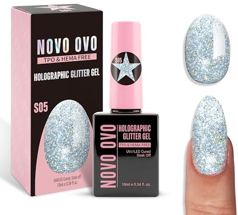 NOVO OVO Reflective Glitter Gel Nail Polish, S05 Cinderella Blue (Crushed Diamond), TPO & HEMA Free, Sparkly Holographic Flash Varnish, Soak Off UV LED Manicure for DIY Nail Art & Salon 10ml