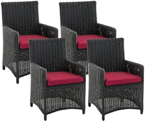 CLP Gartenstuhl 4er Set Fontana, Polyrattan Gartenstühle, Hochlehner mit Sitzkissen, Wetterfeste Garten-Sessel mit Armlehnen, Outdoor Stuhlset, Farbe:schwarz, Polsterfarbe:Rubinrot