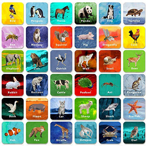 Hebayy 36 Paar Tiermemoryspiel mit abwischbarer Kartenrückseite zum Finden von Tierpaaren (englische Version, alle Karten im Format 5x5 cm)