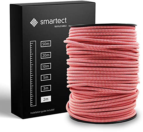 smartect Cavo Elettrico Tessile Rosso Bianco, 2 Metri Filo Elettrico Vintage, Tripolare (3 x 0.75mm²) Cavo Elettrico Rivestito in Tessuto per Fai da Te