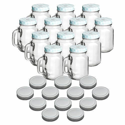 gouveo 12er Set Trinkgläser 450 ml mit Deckel blau, silberfarben - Trinkglas mit Henkel und Mehrweg-Trinkhalm - Henkelgläser mit Deckel - Cocktail-Glas für Garten (TGH450SB)