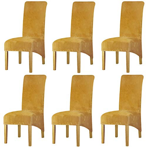 LANSHENG Stretchy XL Stuhlbezüge für Esszimmerstühle, Stretch Spandex mit Gummiband Stuhlbezug,Velvet Large Dining Chair Schonbezüge für Restaurant Hotel Party Bankett (Senf,6er Set (Groß))