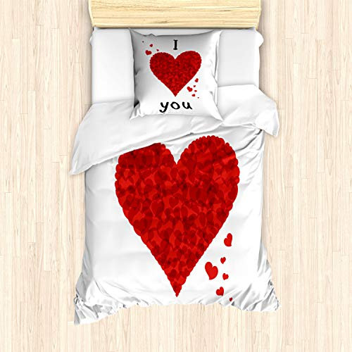 ABAKUHAUS Ich Liebe Dich Bettbezug Set, Liebe-Blumenstrauß-Herz, Milbensicher Allergiker geeignet mit Kissenbezügen, 135 cm x 200 cm - 80 x 80 cm, rot-Weiss