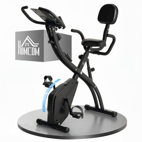 HOMCOM 3-in-1 Folding Exercise Bike 8-Level Magnetic Resistance | Foldable Stationary Bike, Resistance Bands, Adjustable Seat, Pulse Sensor, LCD Monitor, Wheels