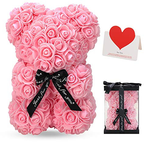 LINKLO Bear Rose Teddy Bear -10 inch Artificial Rose Flower Bear, Gift for Wedding, Mothers Day and Anniversary, Including Transparent Gift Box (Pink)