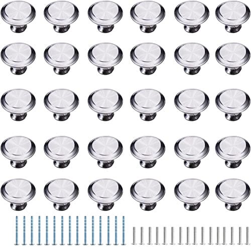 Fitepro 30 Pack Round Kitchen Cabinet Knobs Brushed Nickel Silver, 1.2 30mm Zinc Round Drawer Knob for Cabinets Dressers Drawers Cabinet Hardware with Long & Short Screw