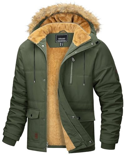 MAGCOMSEN Herren Wintermantel Parka Warme Outdoorjacke Fleece Winddicht Kapuzenjacke Herren Gefüttert Arbeitsjacke Verdickt Übergangsjacke Wandern Trekkingjacke mit Multi Taschen Armeegrün M