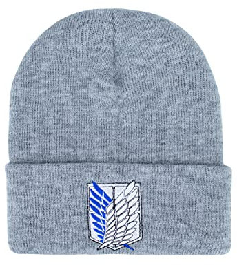 Roffatide Anime Attack on Titan Schädelkappen Bestickter Totenkopf-Hut Wings of Liberty Beanie-Kappe Winter-Strickmütze Grau