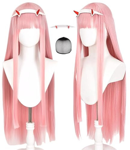 Lshpresx Zero Two Cosplay Perücke Anime Lange Gerade Rosa Kostüm Synthetisches Haar Mit Stirnband + Perückennetz