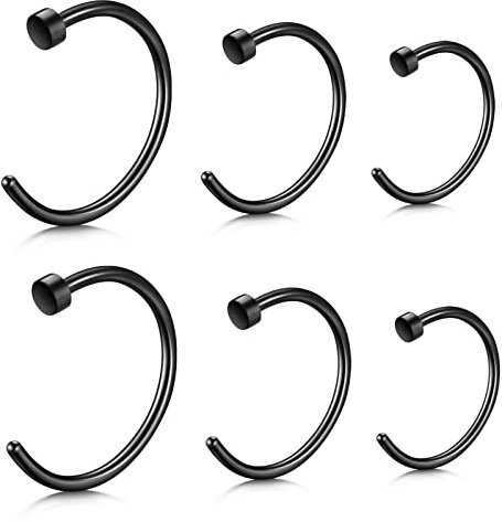 JFORYOU 6 Stück Edelstahl Nasenpiercing Schwarz Nase Ring Nasenring Piercing Hoop 20G 6mm 8mm 10mm
