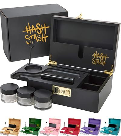 The OG Storage Box - Large Bamboo Box with Combination Lock, Magnetic Lid, Organizer Tray, Airtight Tube and 3 Smell-Proof Jars - Discreet Decorative Locking Wooden Box with Accessories (Black/Gold)