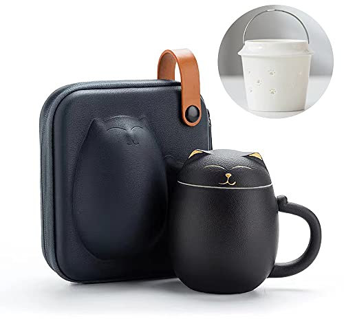 Kawaii Tazze per Gatti con Infusore e Coperchio in Ceramica, Ideali per Macerare Foglie di tè Sciolte, Teiera in Porcellana Fatta Mano per Casa e l'ufficio Custodia Portatile Infrangibile 350ML (Nero)