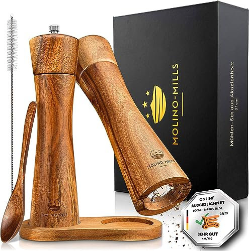 MOLINO-MILLS - Juego de 2 piezas, salero, pimentero, madera de acacia, molinillo de cerámica estable, set de especias, posavasos, cuchara de madera, cepillo de limpieza, 21 cm