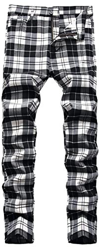 FEOYA Pantalon Chino à Carreaux Homme Stretch Pantalon Habillé Droit Élastique Ecossaise Pantalons Crayon Tartan Slim Ajusté Costume à Carreaux Noir Blanc 02 Taille 38