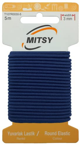 MITSY Cinta de goma redonda resistente al desgarro, cordón de goma para coser, ancho de 3 mm, 5 m, azul marino, fuerte, redondo, goma para pantalones, hogar, manualidades, telas para costura