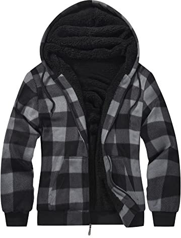 geeksport Fleecejacke Herren Sweatjacke Männer mit Kapuze Warme Kapuzenjacke Gefüttert Winterjacke Kariertes Hoodie mit ReißVerschluss, 0569-Grau 2XL