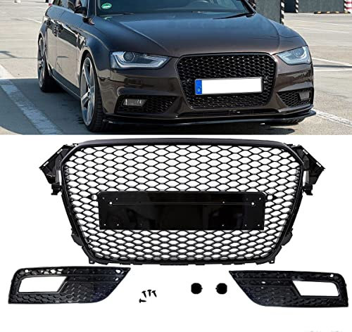SET Kühlergrill Wabengrill + Nebelscheinwerfereinsätze geschlossen Schwarz Hochglanz kompatibel für Audi A4 B8 11-15 nicht RS4 DM Autoteile 4404