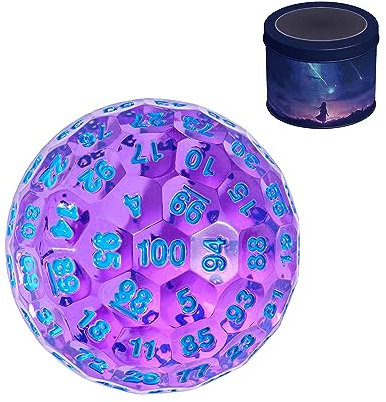 Poludie Dadi D100 aggiornati, dadi poliedrici singoli a 100 lati, dado D100 da 50 mm, dadi da gioco D&D D100, cubo da 100 lati con scatola di metallo (carattere T viola/blu)