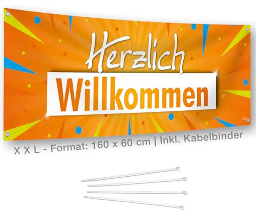 Herzlich Willkommen Banner I XL 160 x 60 cm I Für Party, Geburtstag, Begrüßung, Firmenfeier, Eröffnung I Wetterfestes Set: Willkommensbanner + Ösen + Kabelbinder I Made in Germany