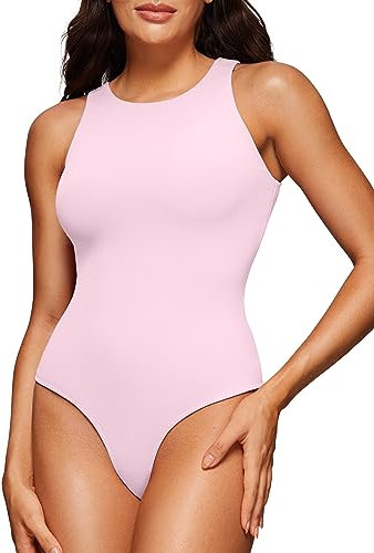 CRZ YOGA Butterluxe Damen Ärmellos Bodysuit Figurenformend Racerback Hoher Hals Shapewear One Piece Body Shaper Rosa Pfingstrose 40