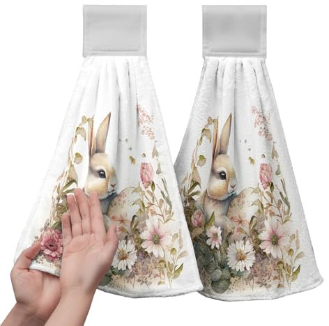 Kwlegh Küchenhandtücher mit Frühlings-Kaninchen-Blumen, Osterhasen-Ei, hängende Krawatte, Handtücher, Blumengras, dekorative Geschirr-Barhandtücher, Vintage, weich, saugfähig, Bad-Waschlappen für