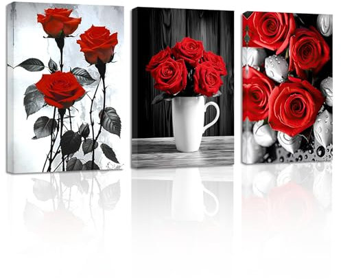 ZXHYWYM Elegante Rosen Leinwandbilder 3 Teilig rote Rosen Blumenmalerei Drucke Schwarz Weiß Romantisches rustikales Blumenbild Paare Schlafzimmer Dekor (Bild-1, (28.00 x 35.00 cms x 3 Teilig))