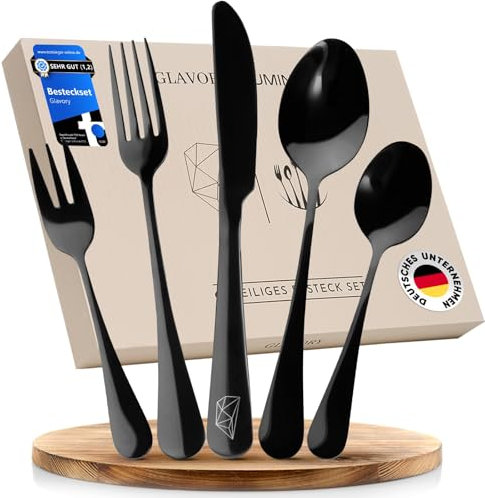Glavory Lumina - Besteck Set 6 Personen Schwarz Hochglanz - 30teilig - Besteckset Spülmaschinenfest aus rostfreiem 18/8 Edelstahl - Schwarzes Besteck mit edler Verpackung