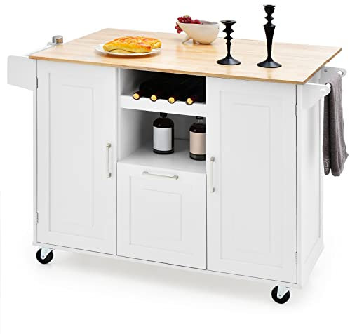 KOMFOTTEU Mobile Kücheninsel mit Arbeitsplatte, Küchenwagen mit Schublade, Flaschenhalter und 2 Türschränken, Servierwagen auf Rollen, Kücheninselwagen Holz 130x45x90 cm (weiß)