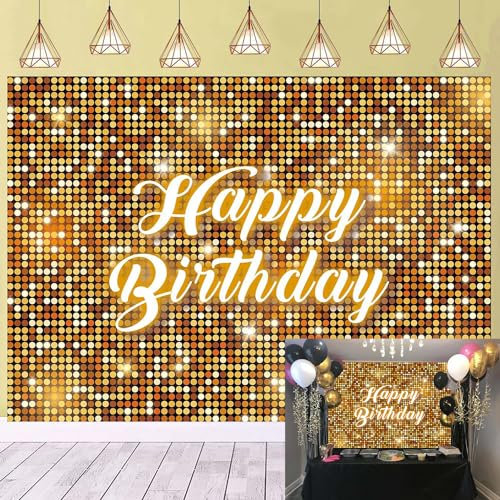 Gold Flash Square Wall Backdrop Gold Happy Birthday Sequin Shimmer Photography Backdrop for Girl Woman Sweet Birthday Party Decorations Banner 7X5FT(82x59inch))
