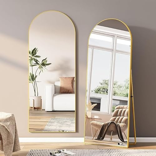 BHFFTHK Miroir sur Pied Arqué 162x53cm,Miroir Pleine Longueur avec Cadre en Aluminium Or, Grand Miroirs de Sol ou Mural HD Suspendu ou Contre Le Mur, pour Salon, Chambre, Couloir, Or