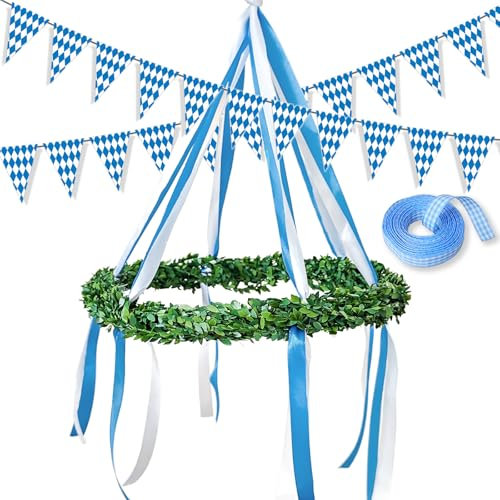 Dumeher DIY Oktoberfest Deko DIY Bayerische Dekokranz Maibaum mit Oktoberfest Wimpelkette Deko Oktoberfest für Bierfest Party Hausgarten Bar, Blau/Weiß, Kranz-Durchmesser: 30~40cm