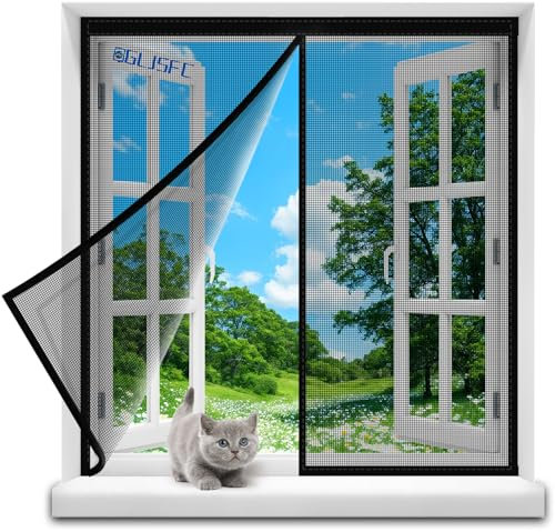 Pollenschutzgitter 95x120cm zuschneidbarer, transparenter Pollenschutz für Allergiker - für nach innen öffnende Fenster - inkl. selbstklebendem Klettband Schwarz