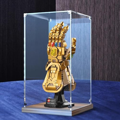 Acryl-Vitrine für Lego 76191 Infinity Handschuh-Modell, staubdichte, transparente Sammlungsvitrine (nur Displaybox) (Nussbaumboden)