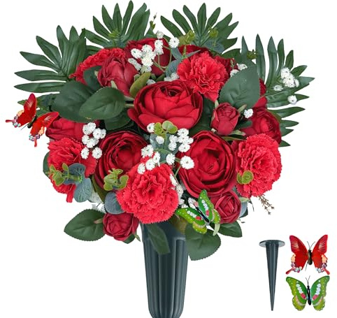 MUVIC Künstliche Friedhofsblumen mit Vase für Grabdekorationen, Rosenkamelie, Nelke, Baby-Atem, Blumenstrauß für Friedhof, Grabstein, Vase und Schmetterling im Lieferumfang enthalten